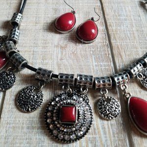 Black, Silver, Maroon Necklace/Earrings Set